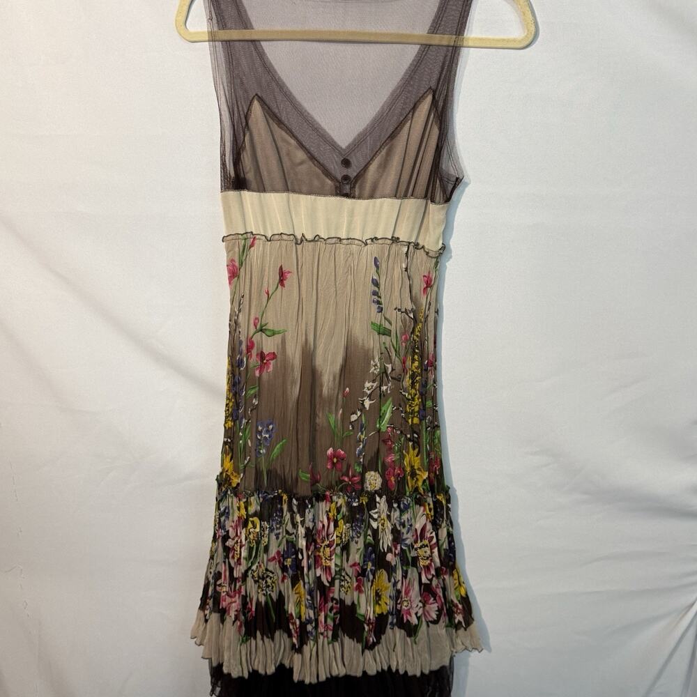 BCBGMaxazria Silk Tulle Dress Womens Medium Brown Floral Chiffon Sheer Trim - Picture 3 of 16